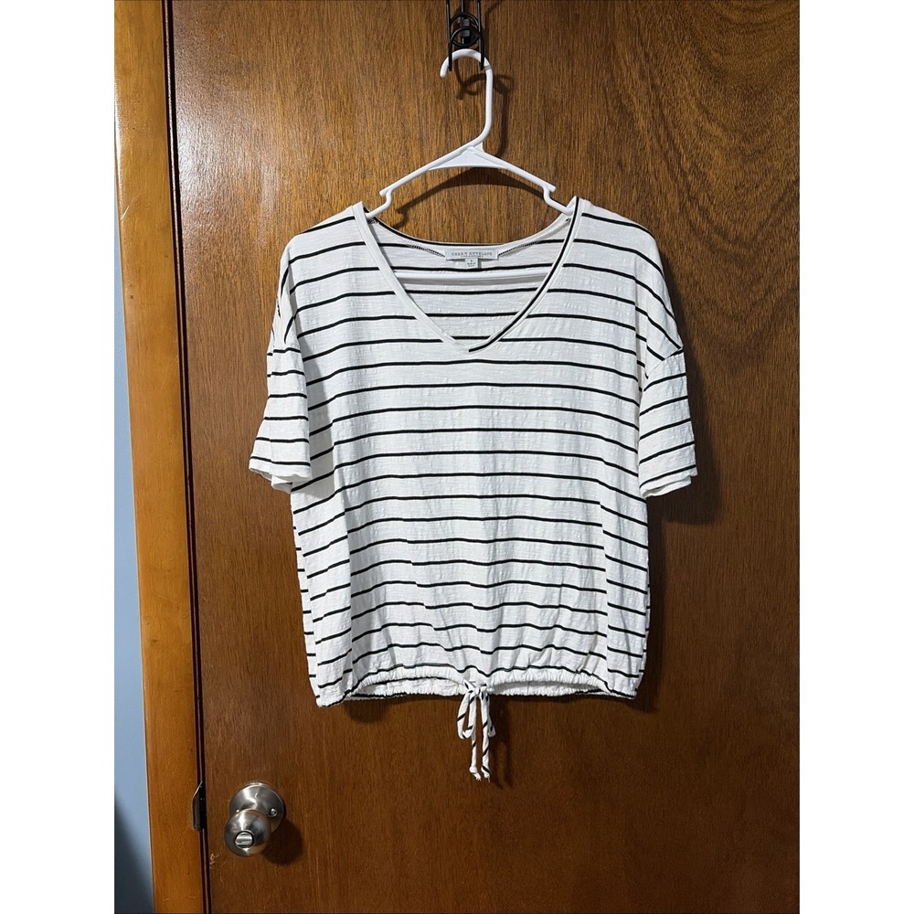 Green Envelope Striped Short Sleeve Top Drawstring Waist White Black Small